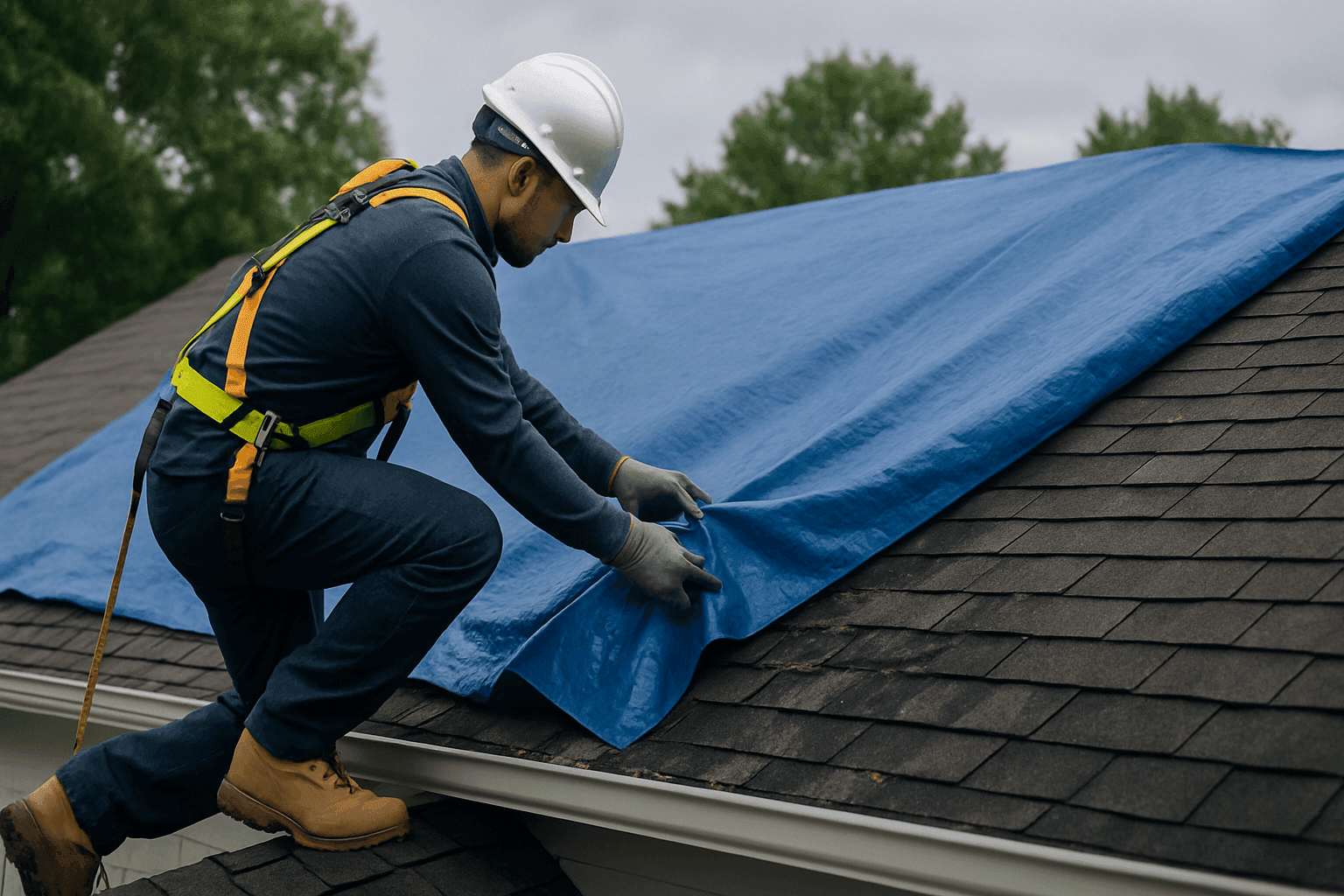 Roofer applying emergency tarp to storm-damaged residential roof