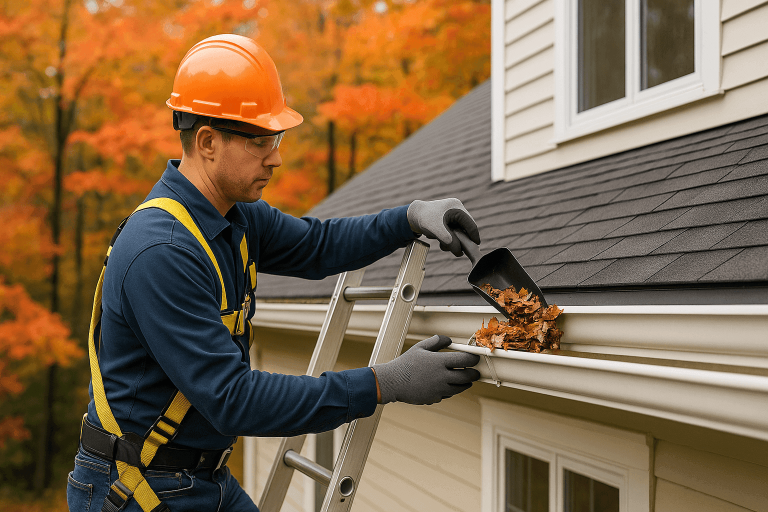 Roofer safely cleaning gutters on a residential home under fall foliage