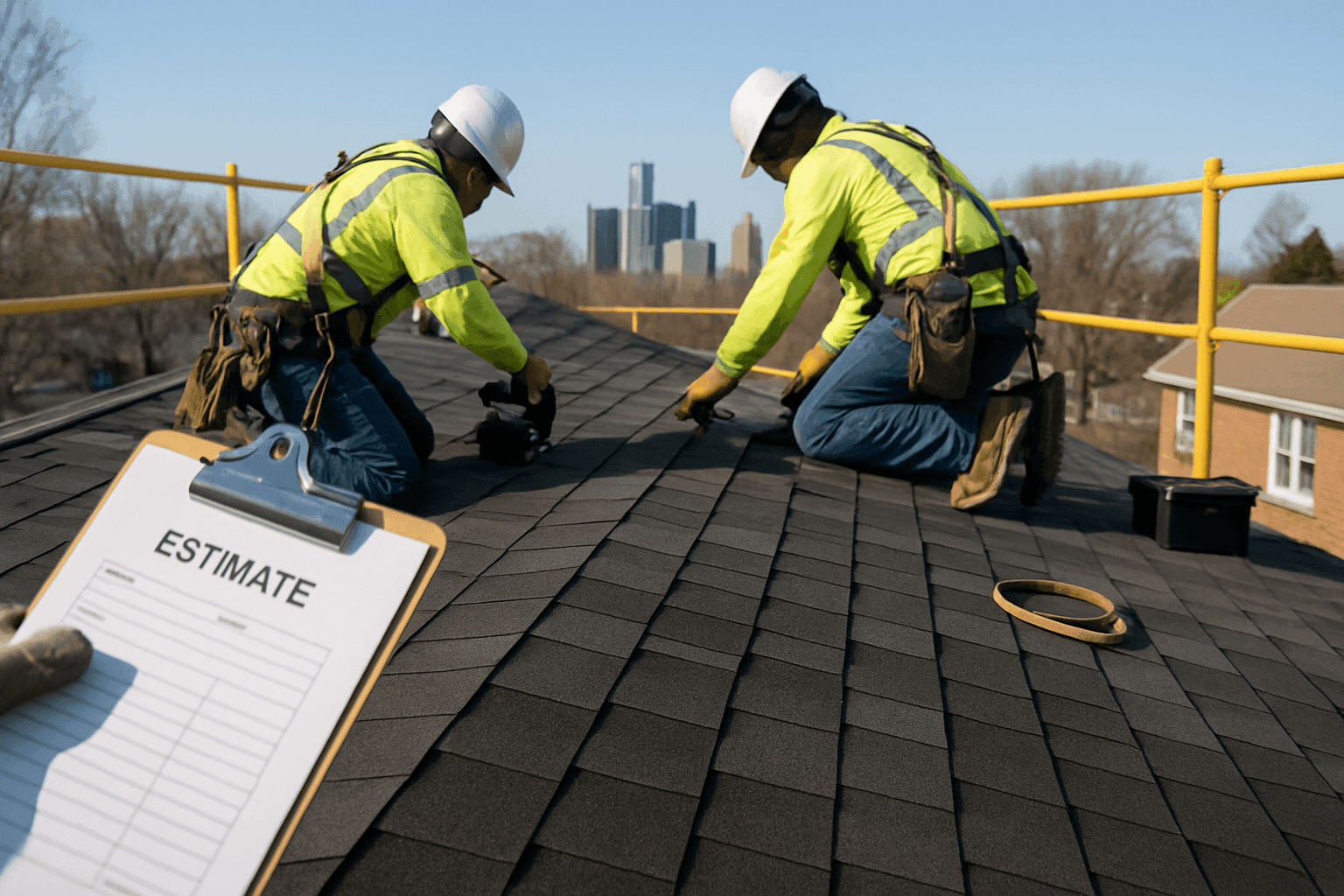 Roofers installing new shingles on residential roof with estimate clipboard