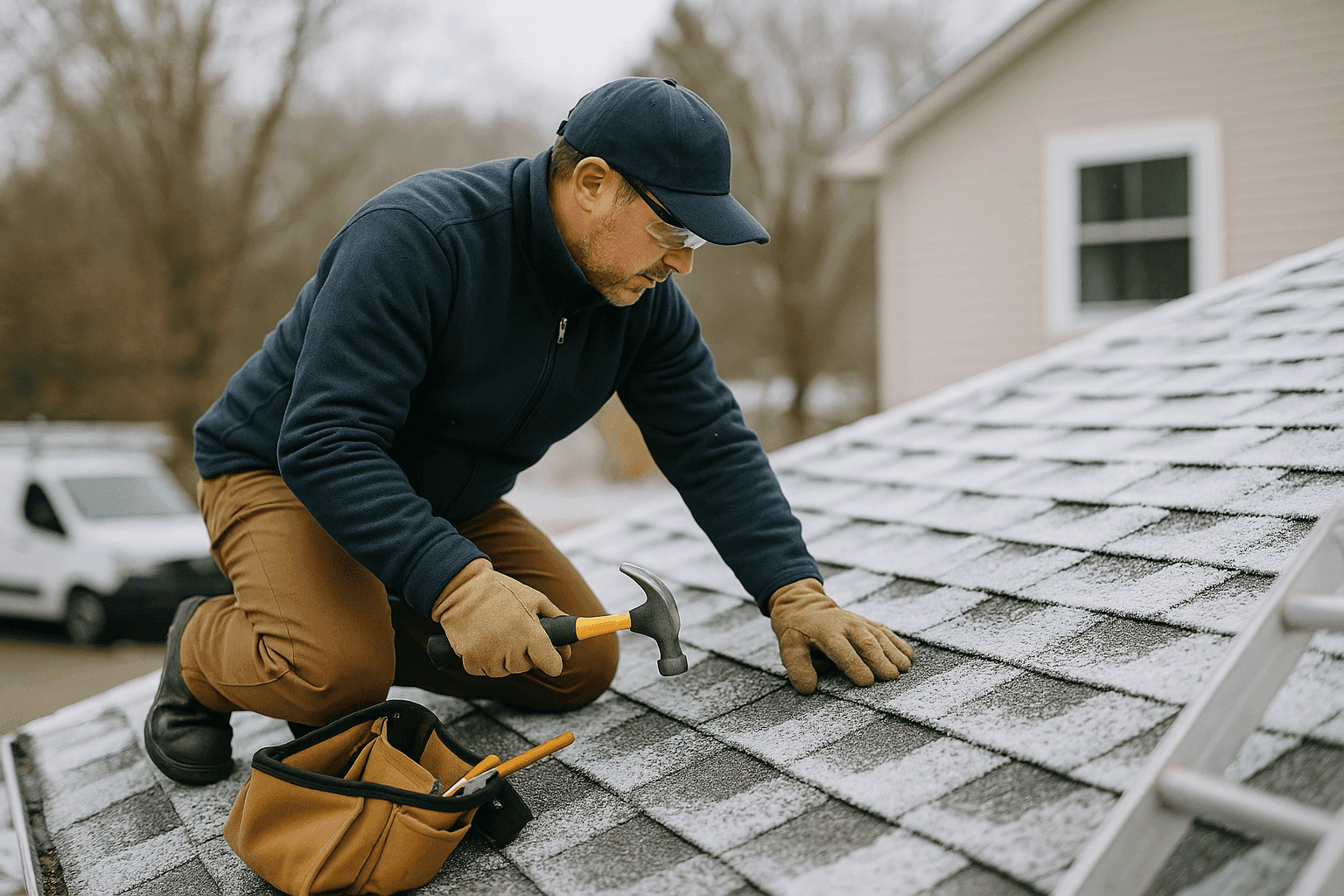 Homeowner inspecting a snow-dusted roof before winter storms