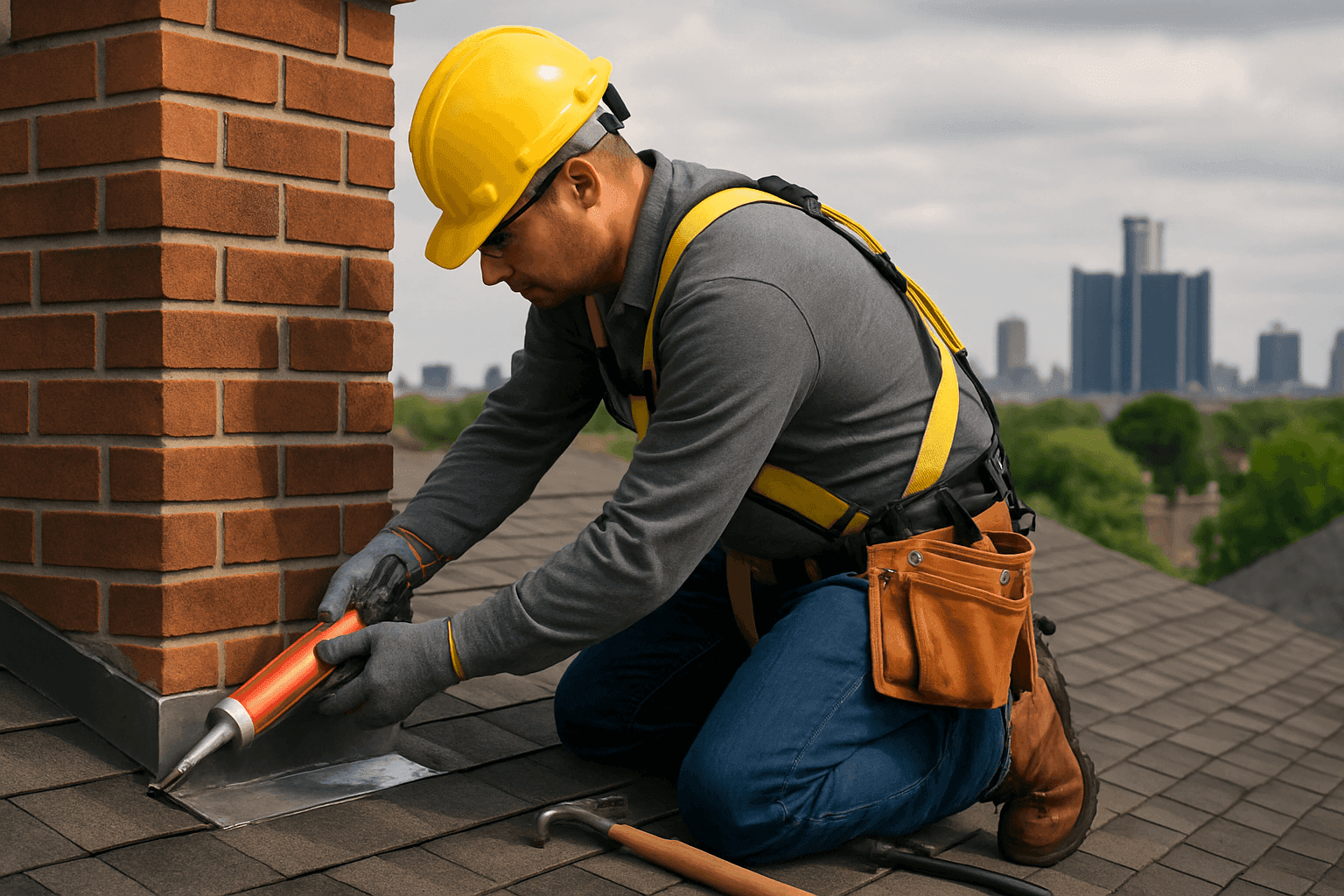 Roofer repairing metal flashing around chimney on residential roof