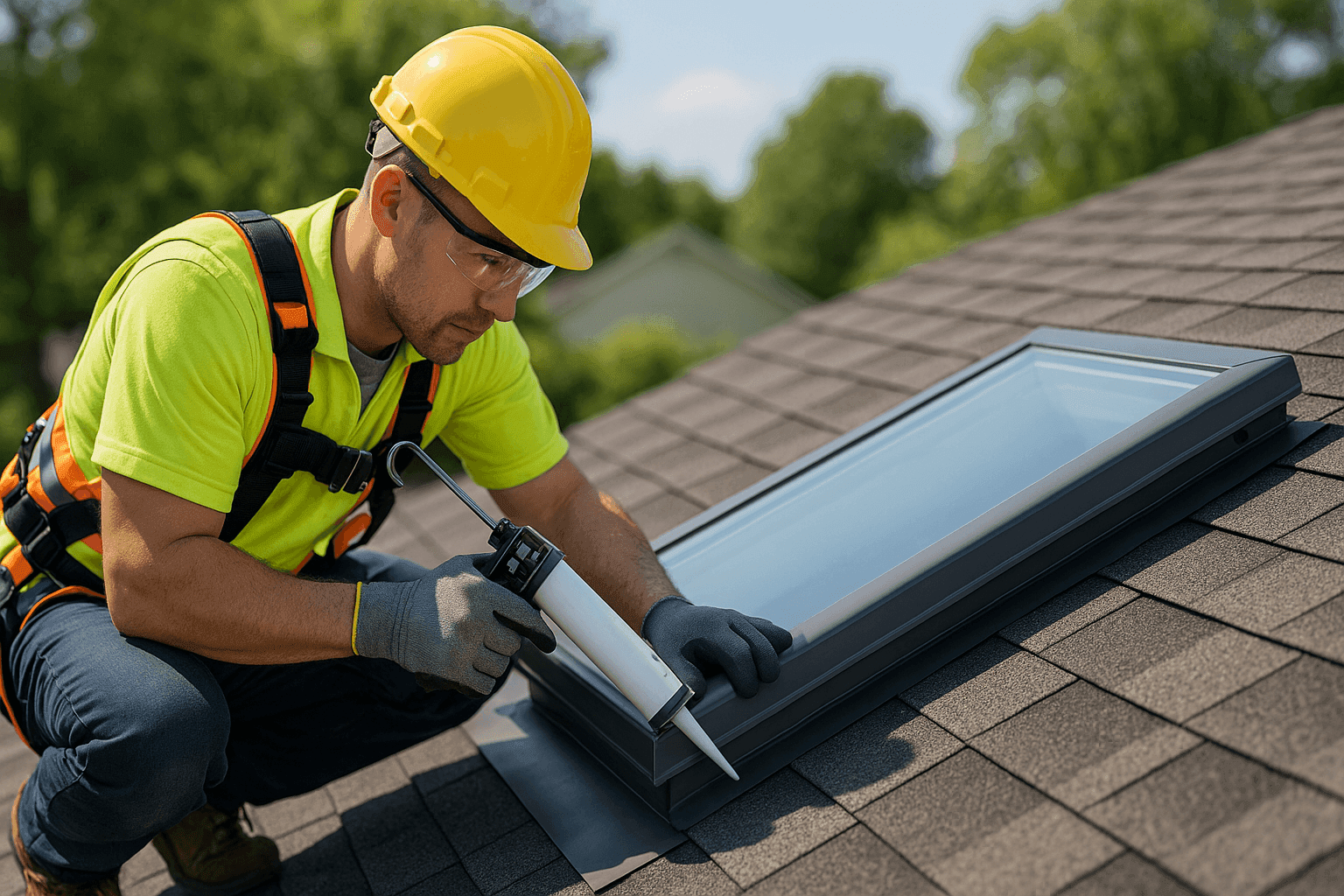 Technician sealing a modern skylight on a residential roof